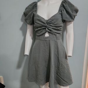 Trixxi Olive Green Puff Sleeve Twist-Front Mini Dress